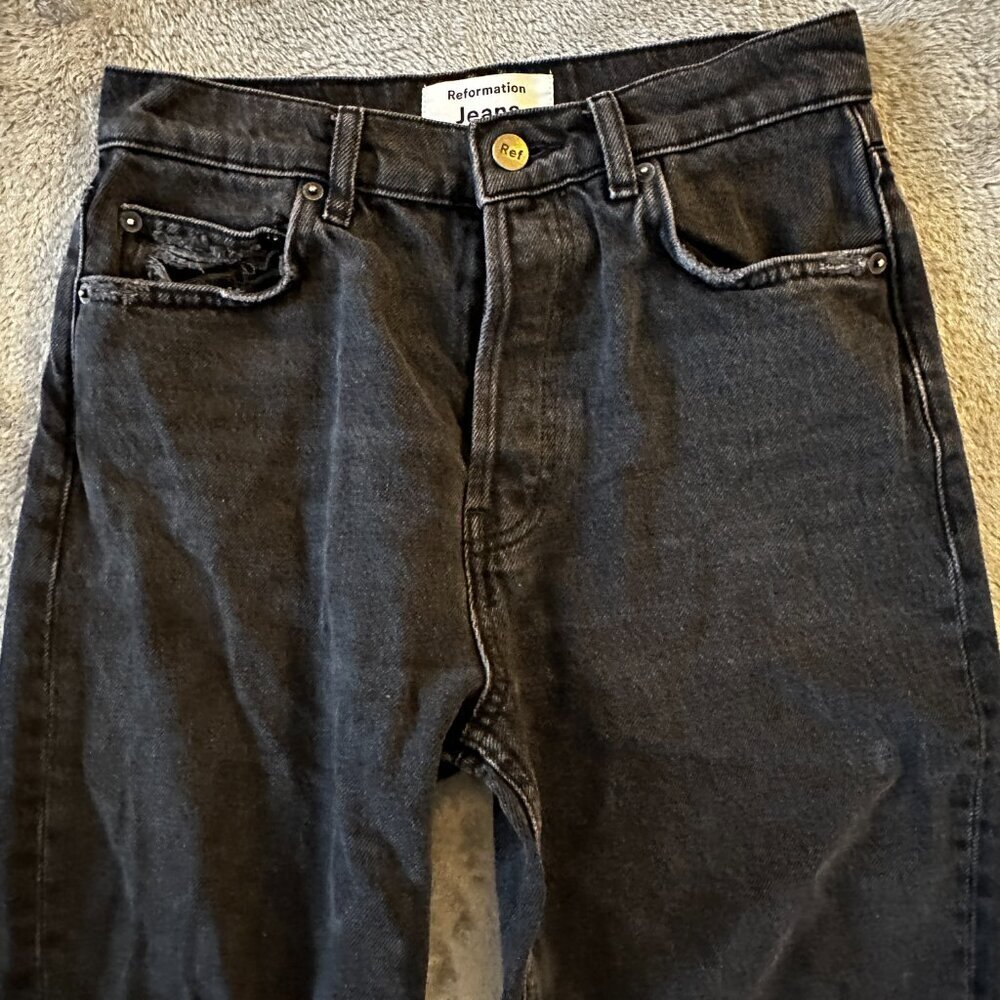 Reformation Jeans Cynthia High Rise Straight Lagoon Destroyed Black 26 - Picture 4 of 12